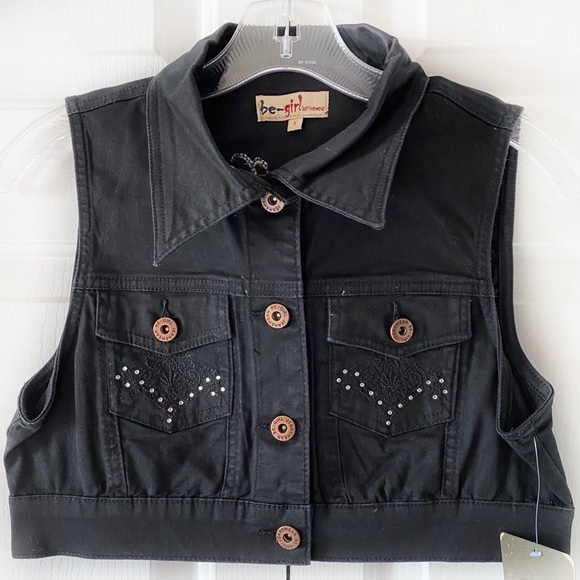 Be Girl Women Juniors Black Rhinestone Crochet Denim Crop Shirt Vest Stretch M L - Picture 8 of 11
